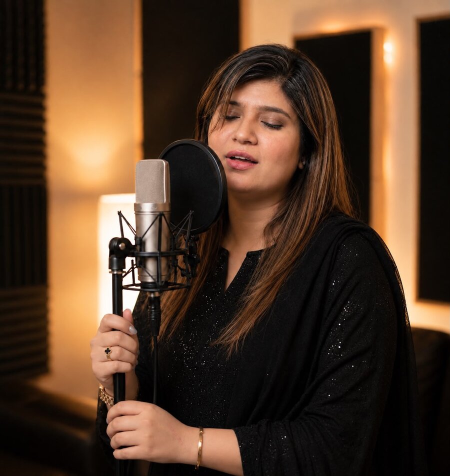 Rubab Fatima recording in the studio